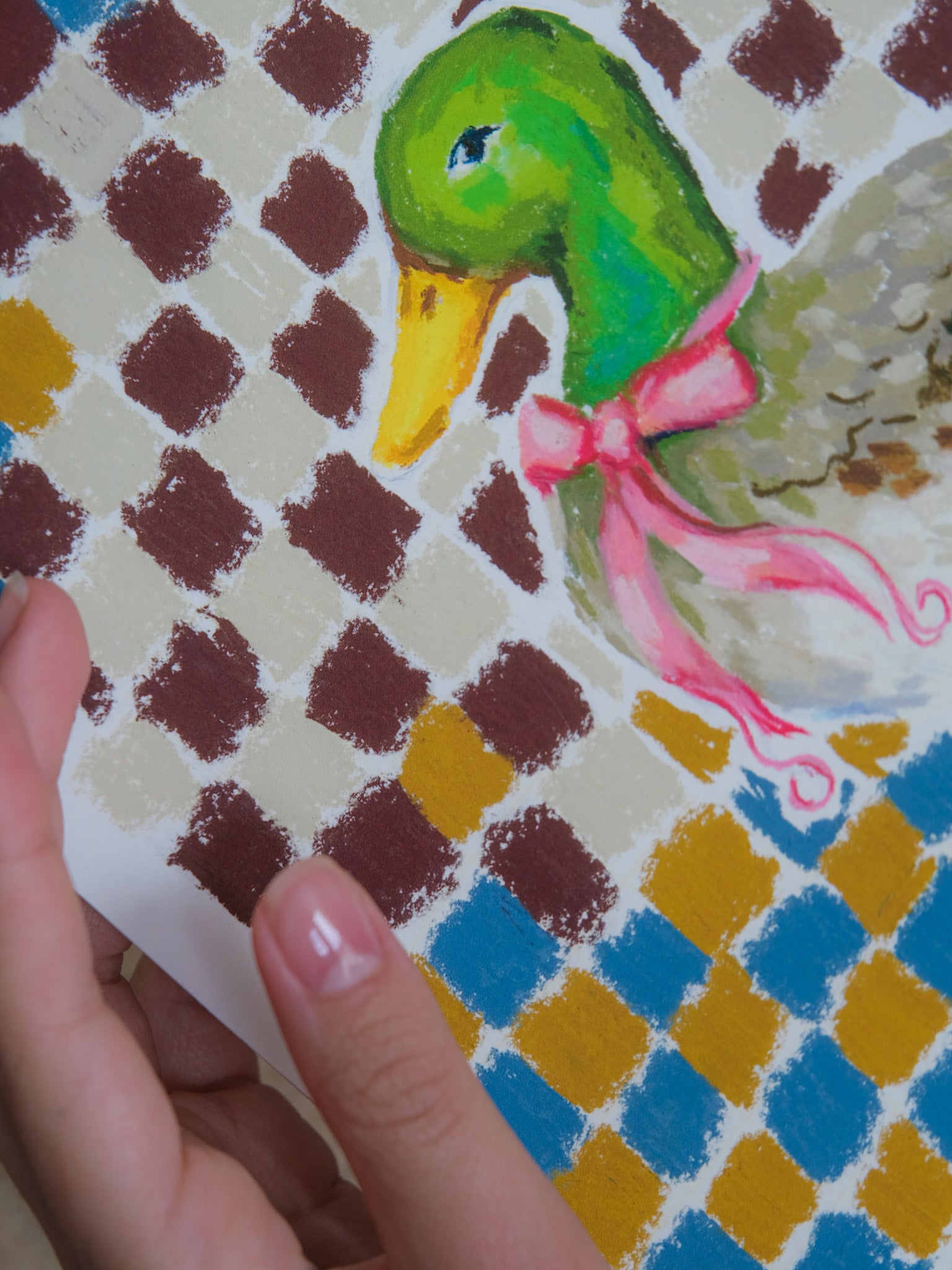 duck with a bow art print detail fine art paper texture
